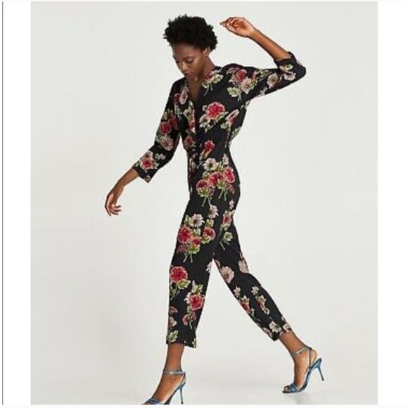 Zara Black Floral Pants Romper S - Picture 2 of 7
